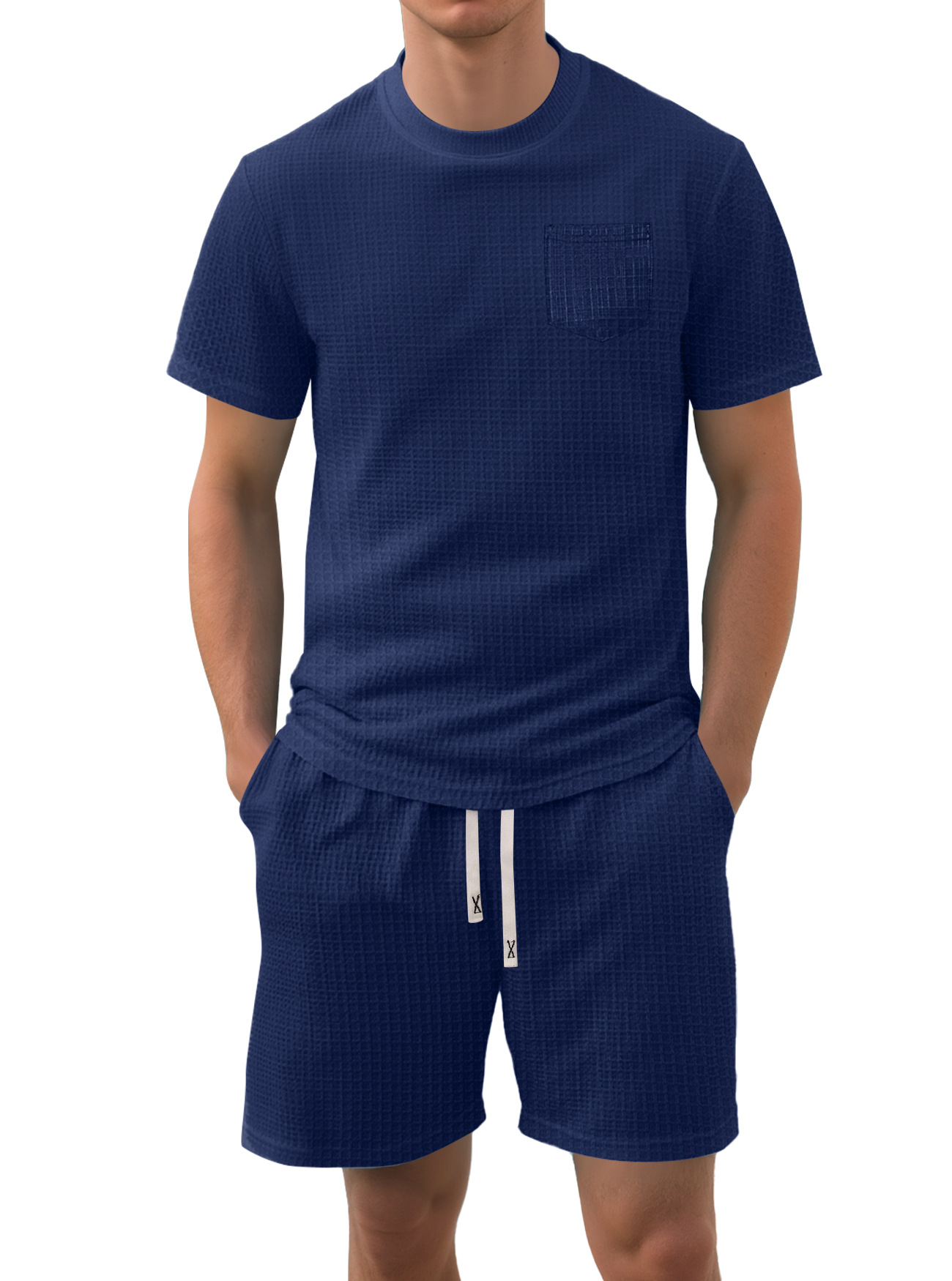 Nuevo transfronterizo Europa y América Amazon verano nuevo producto de hombre delgado waffle casual deportivo de manga corta set de pantalones cortos