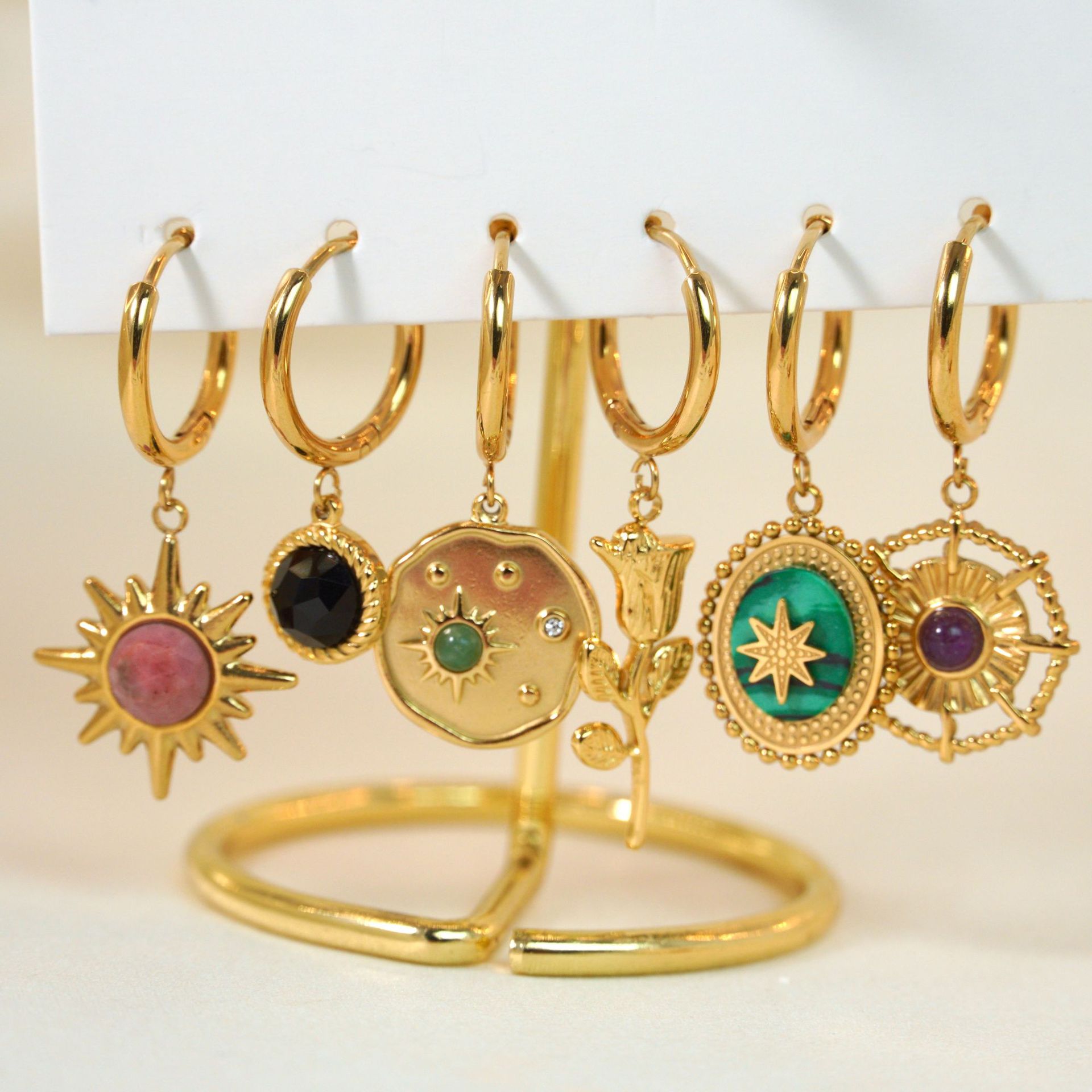 8g Weight PVD Coated Gold Plating Process 304 Stainless Steel Ear Needle Material Charm Sleeper Hoop Earrings, Drop Earrings Classification 1 Piece Quantity Daily, Date Occasion natural stone, Titanium Steel Material Printing, Round, Sun Pattern All Seasons Season Women's Gender Polished Finish Elegant Style 1 Piece Elegant Printing Round Sun Natural Stone Titanium Steel PVD Coated Charm Sleeper Hoop Earrings Drop Earrings 无