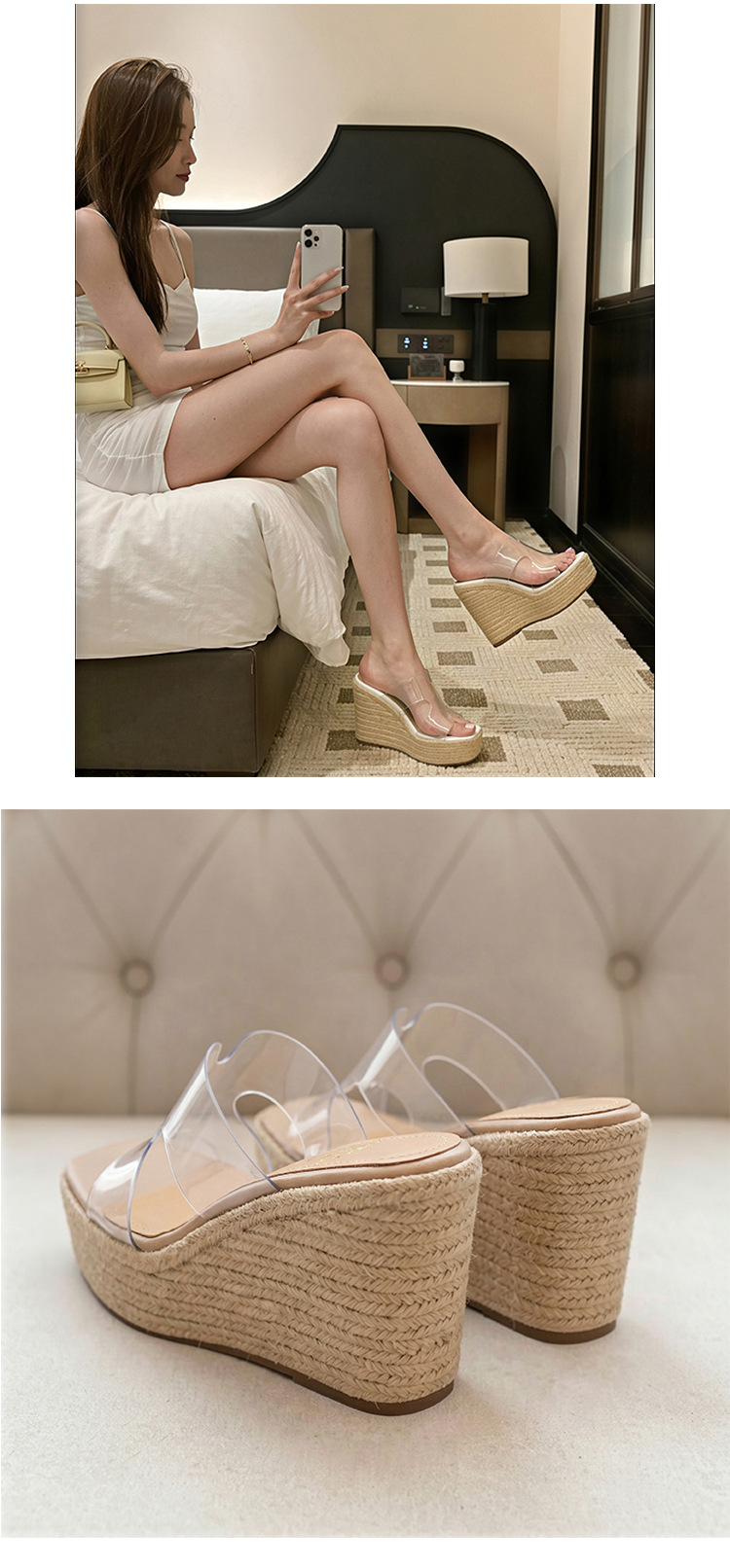 Sandal cao gót nữ hở mũi đế xuồng đan rơm, gót 9 cm — màu trắng, màu mơ chi tiết 18