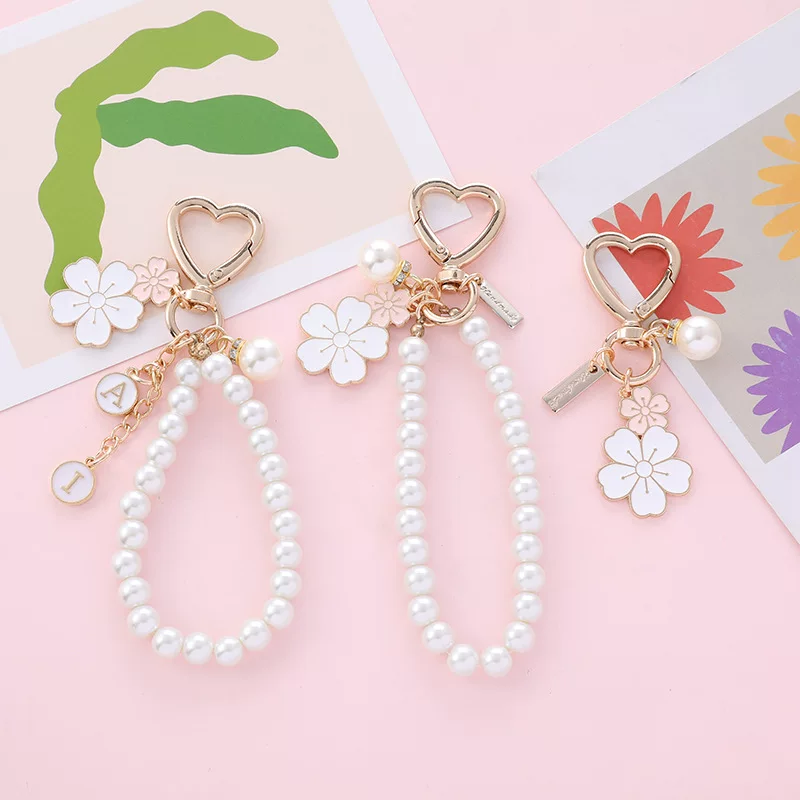 Two-Color Metal Keychain with Pearl Beads, Flower Pendant & Heart Clasp, Bag Charm