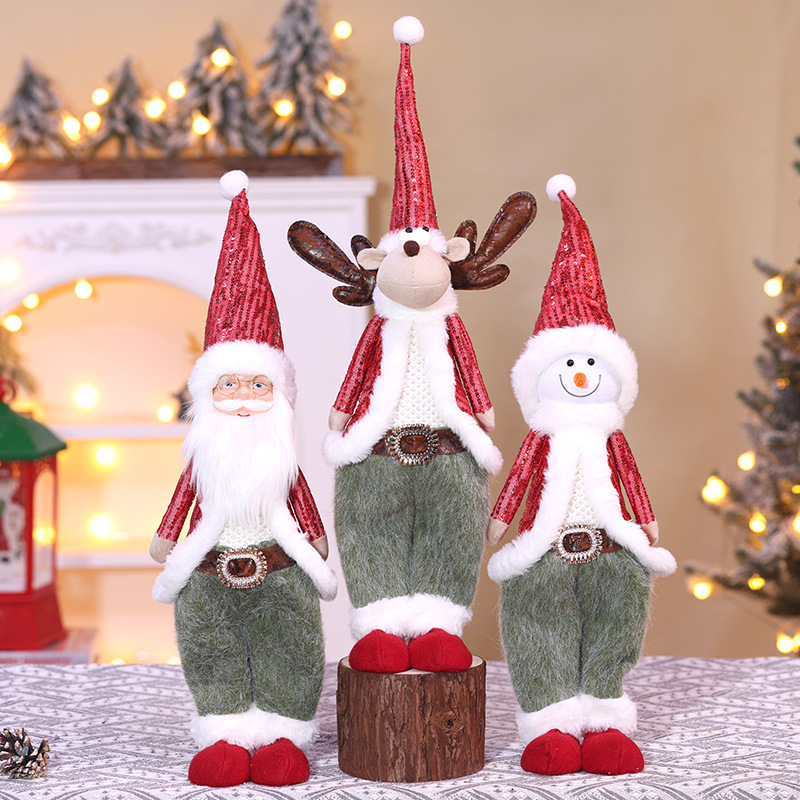 新款圣诞节站立老人雪人公仔粉色亮片玩偶圣诞节装饰品橱窗摆件