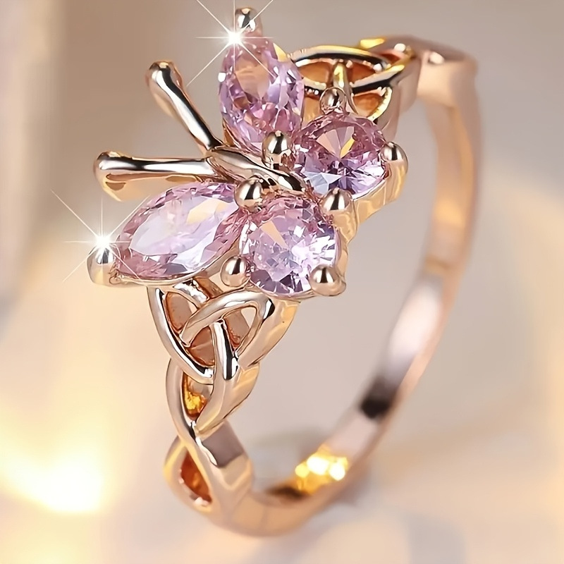 Anillo de mariposa de diamante rosa transfronterizo moda exquisito diseño de personalidad anillo joyería de moda popular joyería de mujer