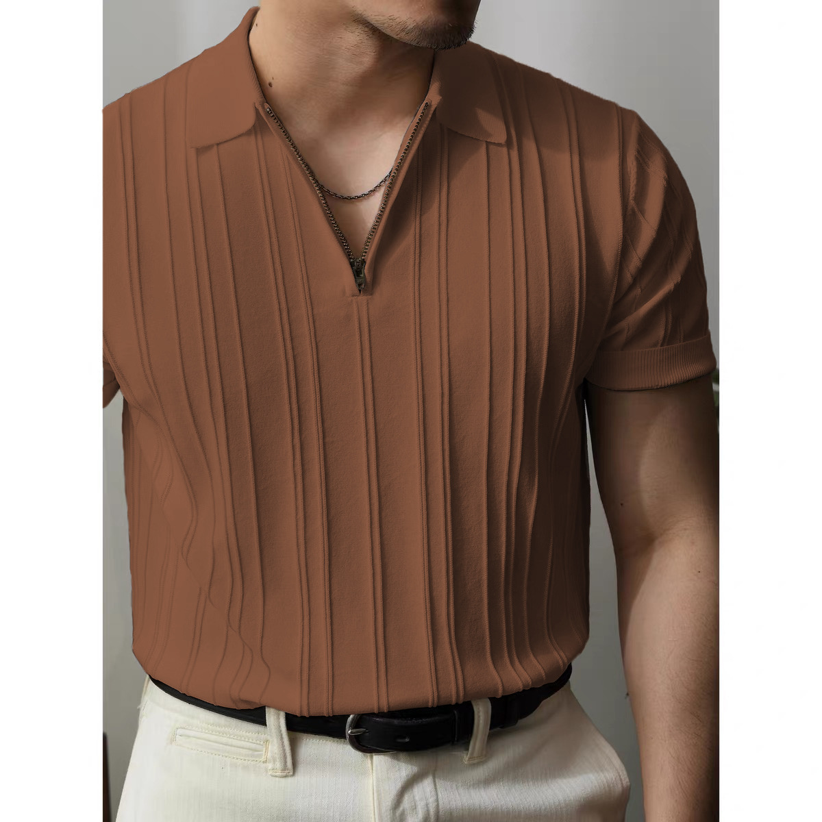 Polo camiseta de punto camiseta de manga corta hombre solapa media cremallera rayas viejas camisetas de hielo de viento de verano fábrica transfronteriza al por mayor