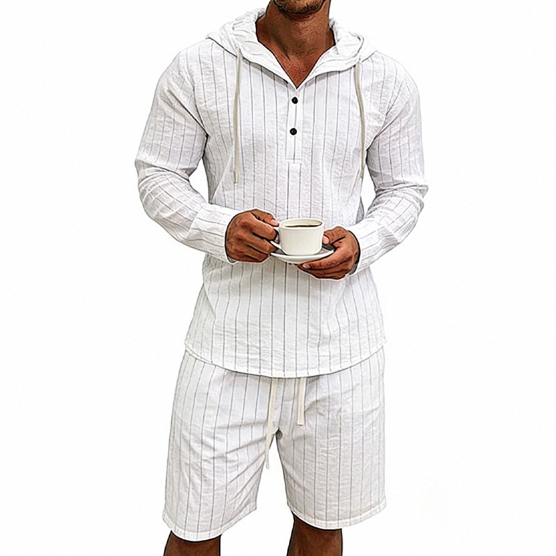 Men's Linen Long Sleeve Hooded Henley Shirt With Shorts Set, Jacquard Vertical Stripe Pattern, Relaxed Fit For Summer Commute And Casual Wear_viptrois.com