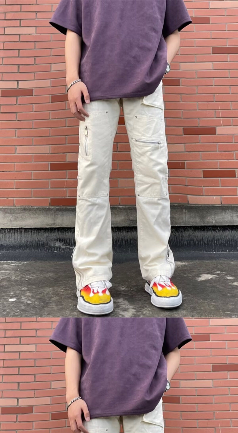 Unisex Boyfriend Style White Denim Jeans Rivet Design Straight Leg Trendy Floor Length Pants American High Street_mkmklike.com