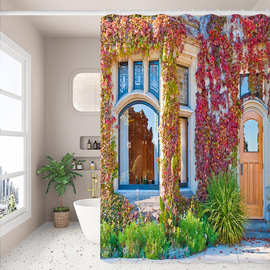 3D立体浴帘欧洲小镇自然风景图案浴室隔断帘子洗澡间防水帘门帘