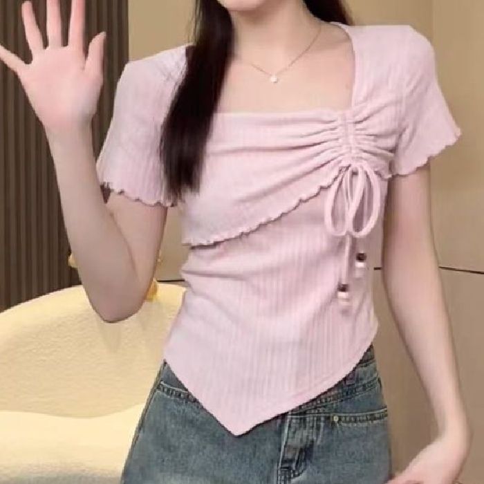 信屿 不规则方领短袖T恤女夏季新款韩版洋气显瘦小个子纯色上衣潮