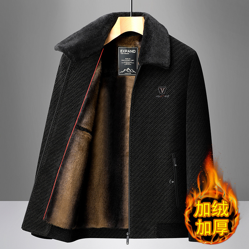 Autumn/Winter Chenille Coat for Middle-Aged and Elderly Men with Fleece Collar, Loose Fit, Thick, Warm and Coated Wool Top