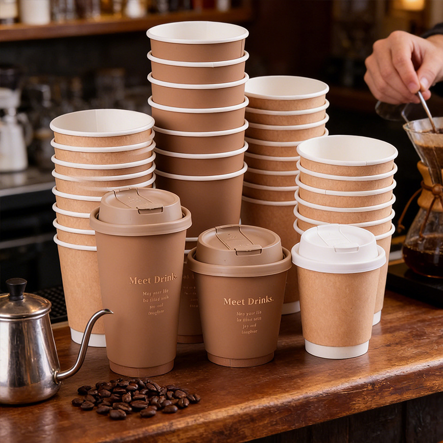 Taza de papel de doble capa compostable ecológica impresa a medida 6 / 8 / 10 / 16 oz taza de café desechable para bebidas calientes