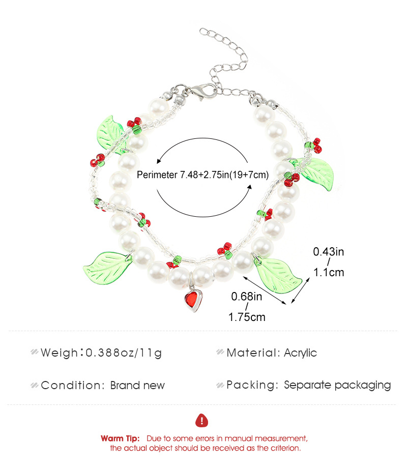12g Weight Arylic, Imitation Pearl, Seed Bead Pendant Material Bracelets Classification Alloy Chain Material Beaded Chain Chain Type IG Style Sweet Leaves Cherry Imitation Pearl Alloy Seed Bead Beaded Chain Beaded Bracelets Wholesale