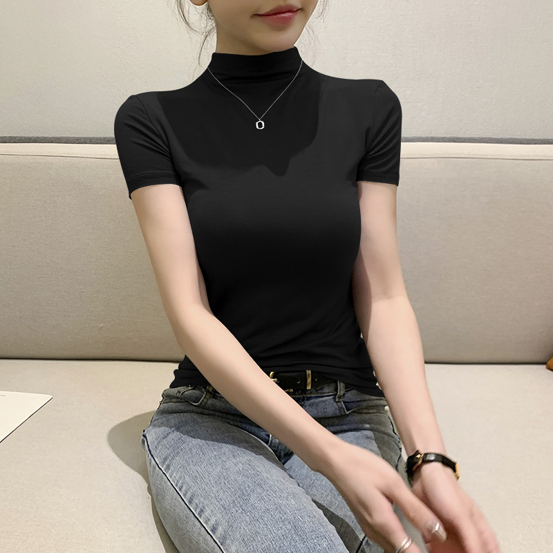 블랙 하프 터틀넥 반소매