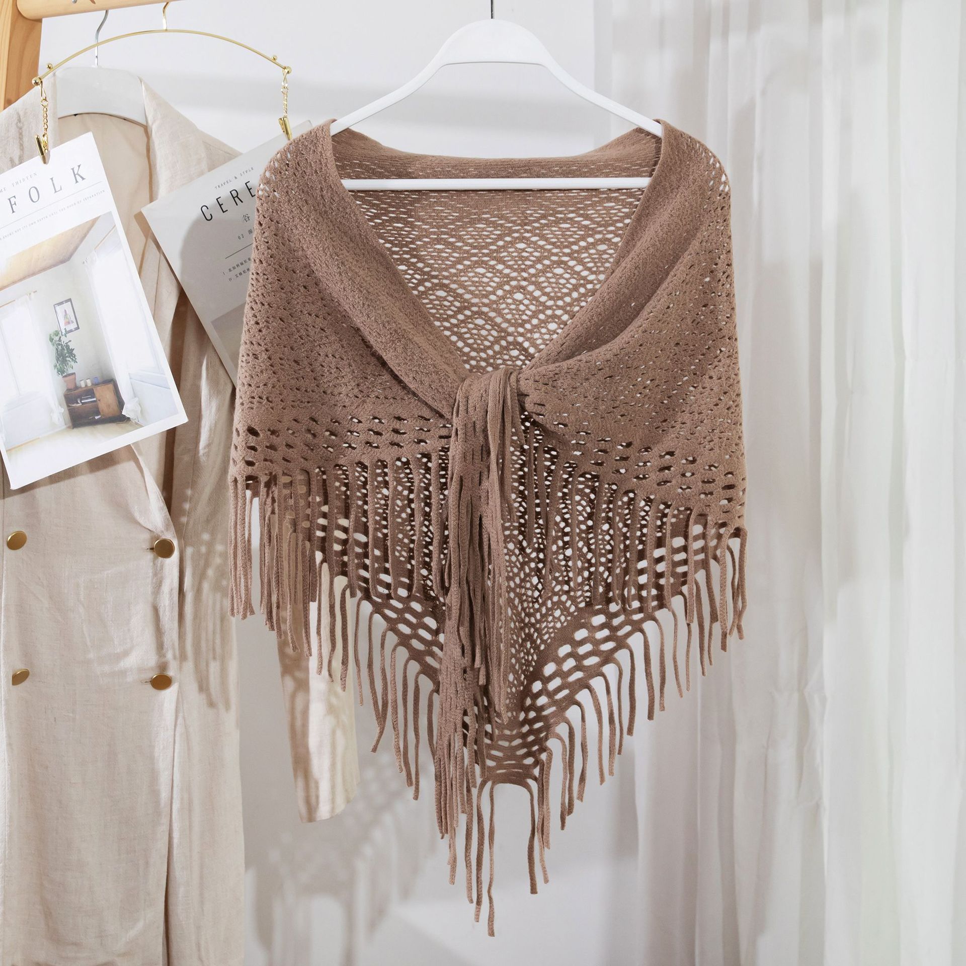 Scarf Versatile Fashion Neck Warmer Knitted New Style Shawl Triangle Ins Solid Color Korean Style Tassel Shawl