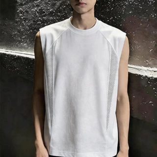 美式坎肩网格拼接透气速干小领口背心夏季男款运动外穿无袖T恤