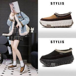 2025 Winter New Style Genuine Leather Thick Velvet Tire Sole Snow Boots for Women Retro Ethnic Style Slip-On Lazy Women's Cotton Boots