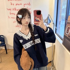 亚马逊速卖通eBay独立站芭蕾风撞色v领蕾丝拼接字母印花套头卫衣