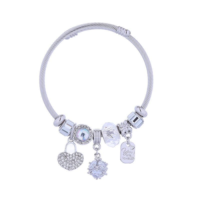 Pandora Style Heart Lock Bracelet Alloy Diamond Encrusted Bangle_voghion.com