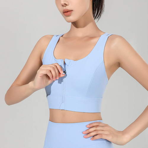 Front zipper sports bra women's high-strength shock-proof wearable fixed side breast bra running fitness bra summer