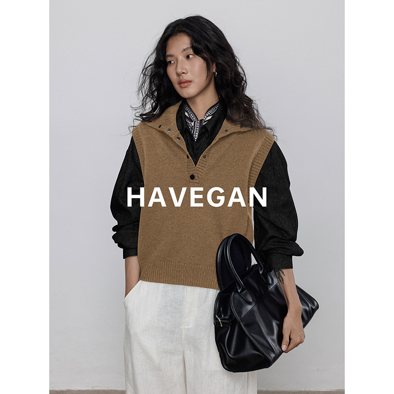 与间HAVEGAN/秋季翻领无袖针织马甲女软糯外穿毛衣背心慵懒上衣|undefined