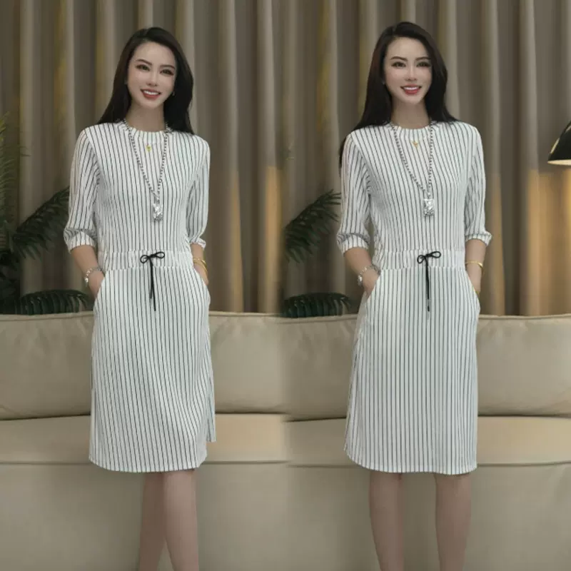 2025夏季休闲气质女装条纹衬衣大摆型连衣裙抽绳蝴蝶结A字中长裙