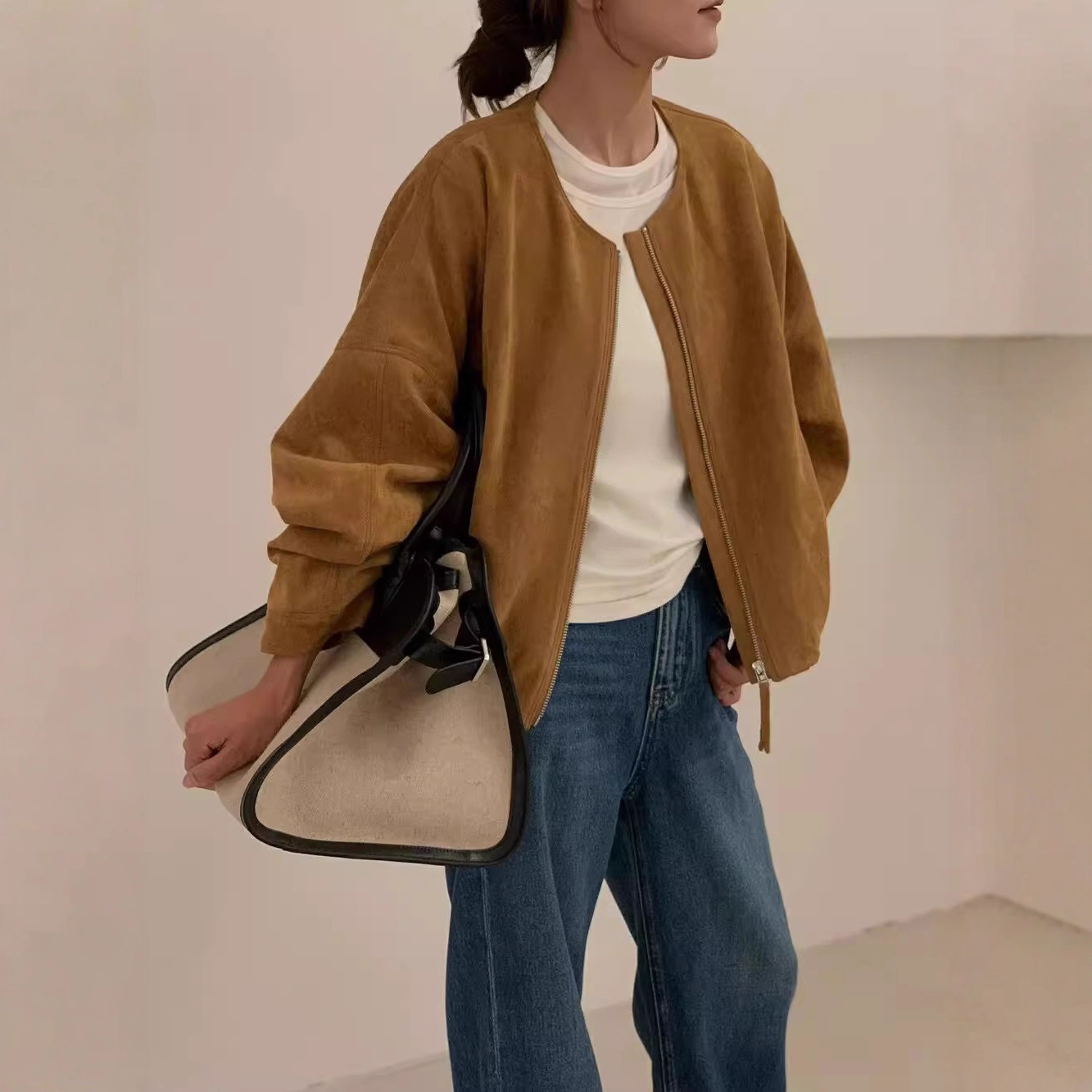 麂皮绒外套女短款夹克秋季2025新款韩版宽松高级感气质小个子上衣