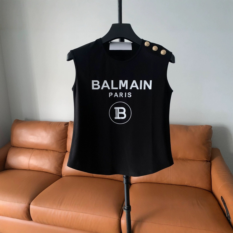 balmain/Balmain 25ss Spring and Summer New Printed Letter Gold Button Cotton Sleeveless T-shirt Women