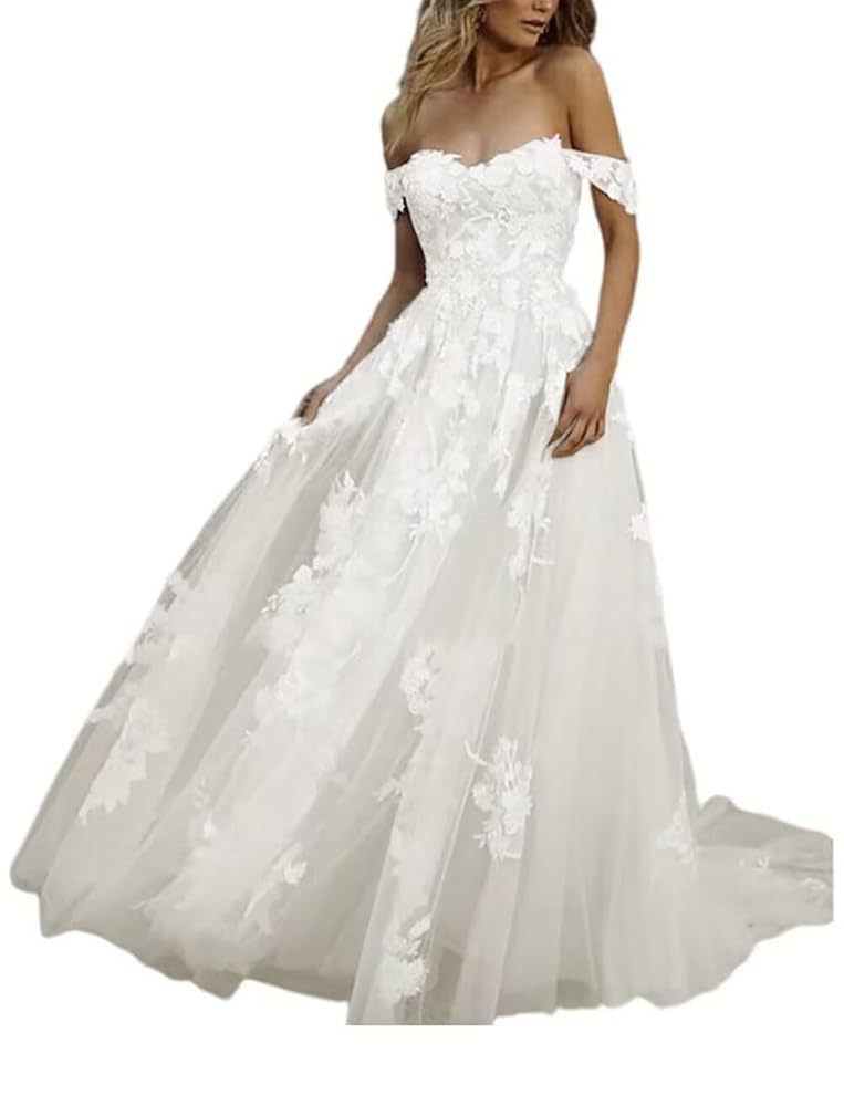 Vestido de novia elegante europeo y americano, estilo Amazon, AliExpress, Wish, con hombros descubiertos, encaje, largo y elegante, para la noche.