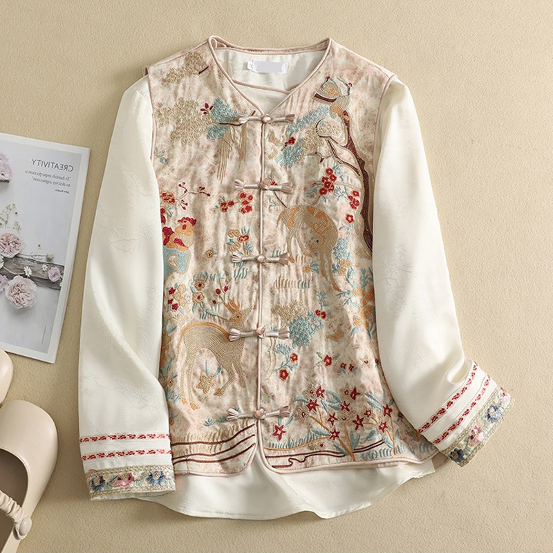 New Chinese style, elegant and simple embroidered vest, short-slim style shirt top, new spring and autumn women's clothing.