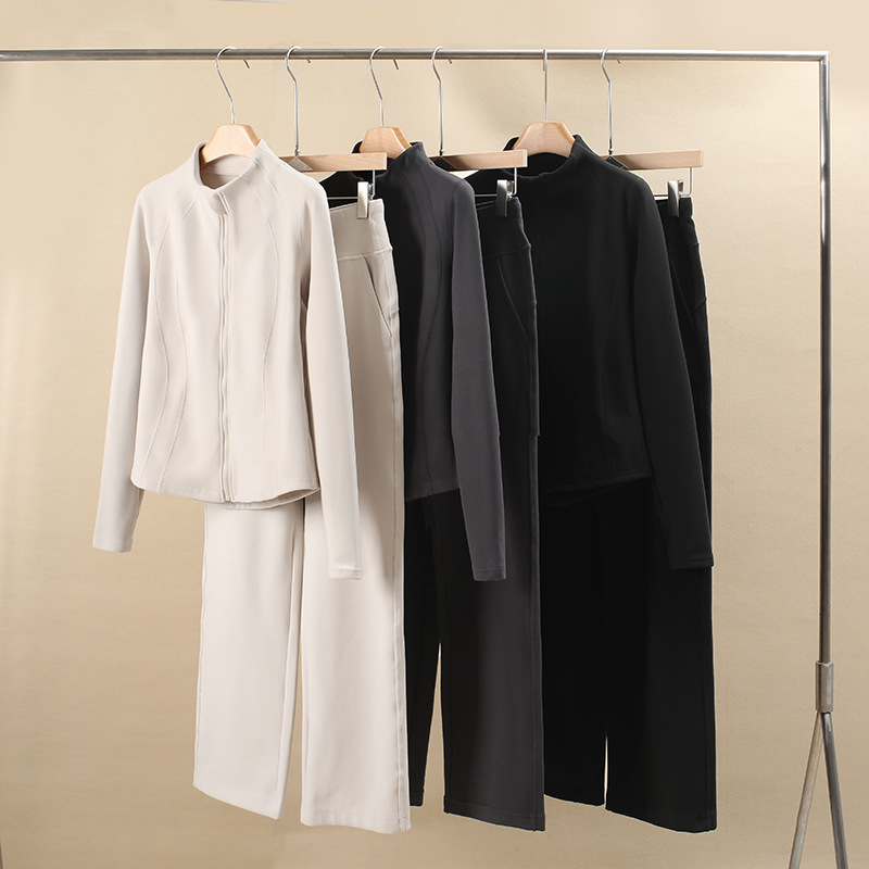 Lu Same Style! Casual Sports Suit Autumn and Winter Small Waist Stand Collar Warm Jacket Casual Wide Leg Pants Two-Piece Set for Women