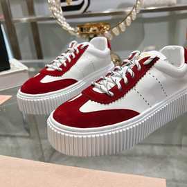 高版2025新款正皮拼色复古做旧低帮时尚休闲鞋厚底系带运动饼干鞋