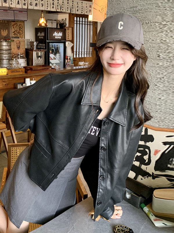 黑色小皮衣外套女秋2025新款高级感港风复古翻领炸街机车pu皮上衣|undefined