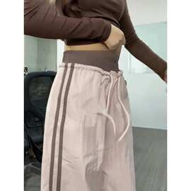 粉色速干工装裤女夏季高腰设计感宽松直筒休闲酷飒风条纹运动卫裤