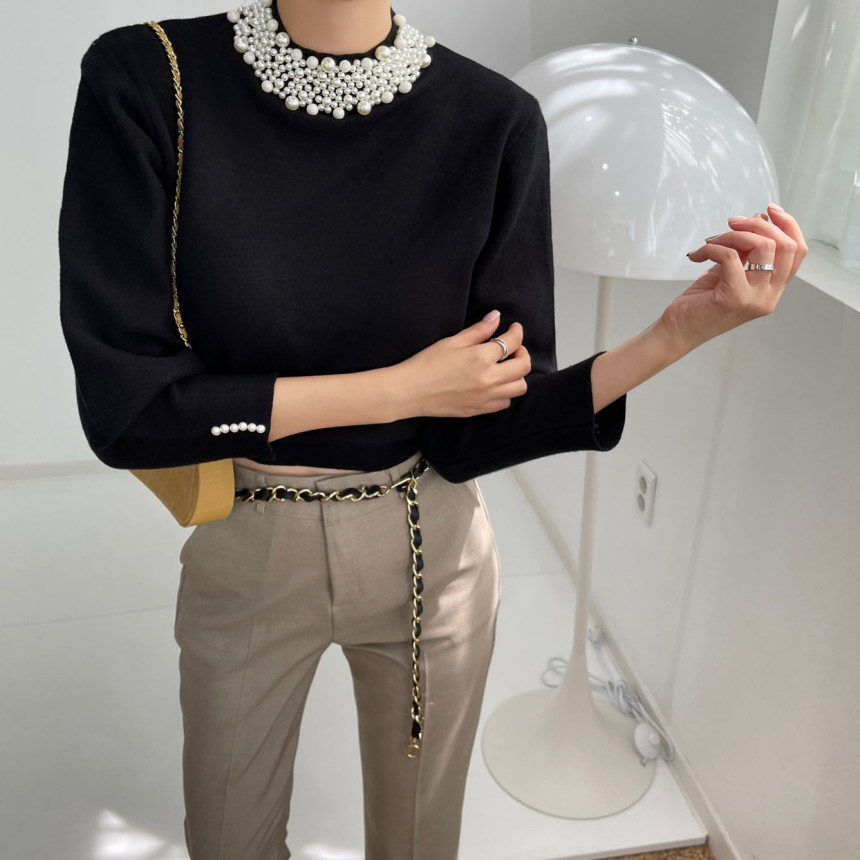 Suéter de manga larga para mujer, estilo chic coreano retro, cuello medio alto con perlas, holgado y versátil image 2