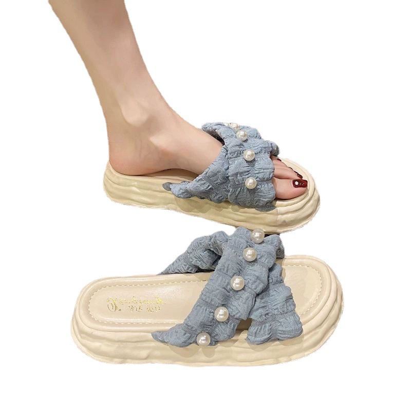 Platform sandals, PVC thick sole with pearl detail, beach slip-on for women
