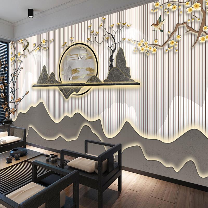 古典新中式饭店装修墙纸茶楼装饰仿木纹定制