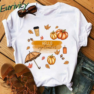 Hello september осень Футболка короткий рукав Сентябрь европа и америка Футболка большой двор Крест -бортовое желание