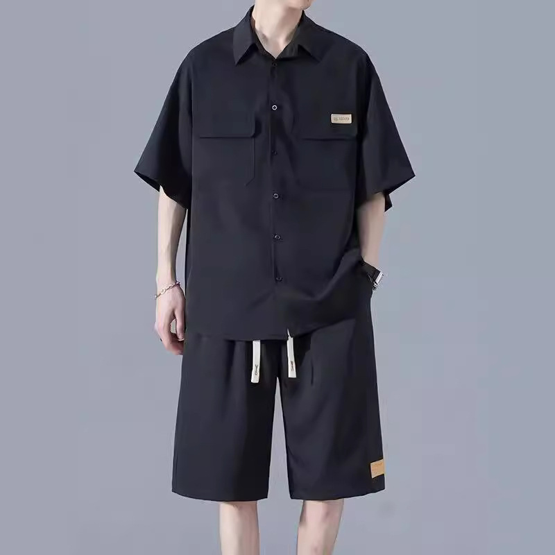 Summer Ice Silk Shirt Suit for Boys, Loose Shirt and Shorts, Handsome Matchinginging Youth Fashion Casual Two-piece Set