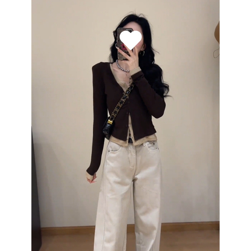 【2613人コレクション】独特で美しいカレー色のvネックの偽の2つの底のtシャツの女性の秋冬はとてもきれいです。|undefined
