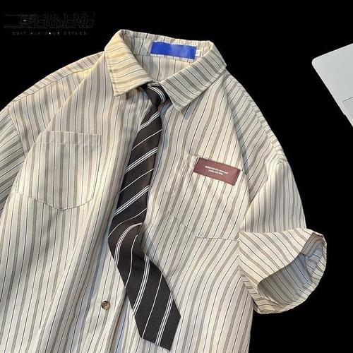 American Retro Black Striped Tie Japanese Style Shirt for Men and Women, Cool and Versatile, No Ironing Required, Colorful Contrast Vintage