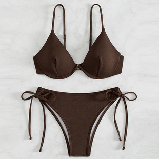 Billion Swimming Hot Sale New Style 2024 Split Steel Tracer Sexy Gather Backless European and American Swimsuit Solid Color Lace-up Bikini Women