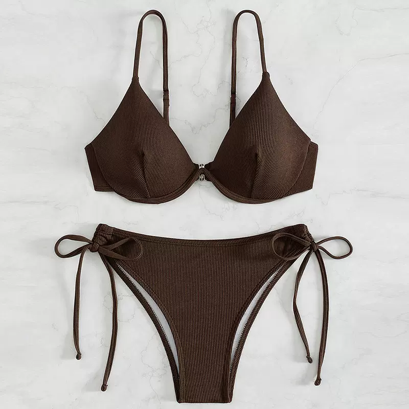 亿泳热卖新款2024分体钢托性感聚拢露背欧美泳衣纯色系带比基尼女