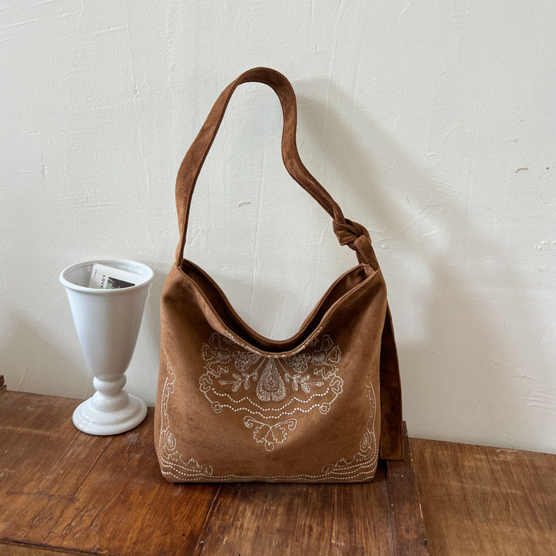 Western-style retro frosted tote bag, large capacity, ethnic-inspired, shoulder bag, handbag, casual and relaxed shopping bag