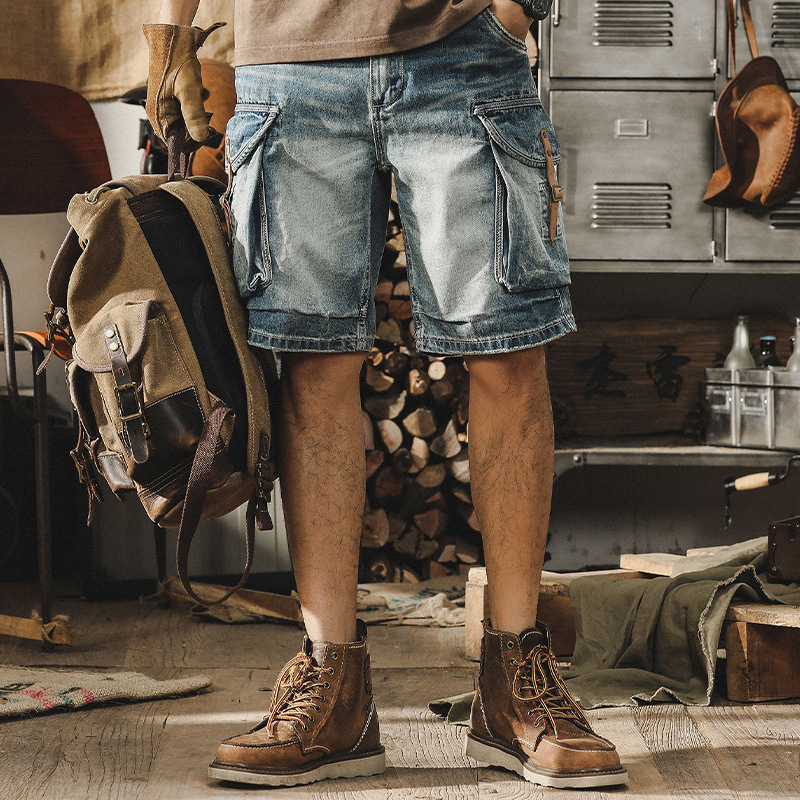 Jereino 1970 Classic American Workwear Retro Denim Shorts for Men, Summer Mid-Length Pants, Color-Blocking Trendy Five-Point Pants for Men
