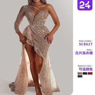 2025 Cross-Border Women's Fantasy Celebrity Party Quality Sexy High Slit Long Sleeve Sequined Banquet Evening Dress