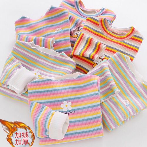 Girls' Spring and Autumn Outfit New Rainbow Striped Baby Long Sleeve T-Shirt Children's Autumn and Winter Outfit Fleece Top Trendy