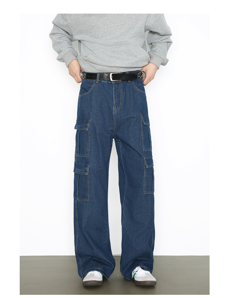 Vintage Washed Denim Cargo Pants - Relaxed Fit Multi-Pocket Workwear Jeans For Men_mkmklike.com