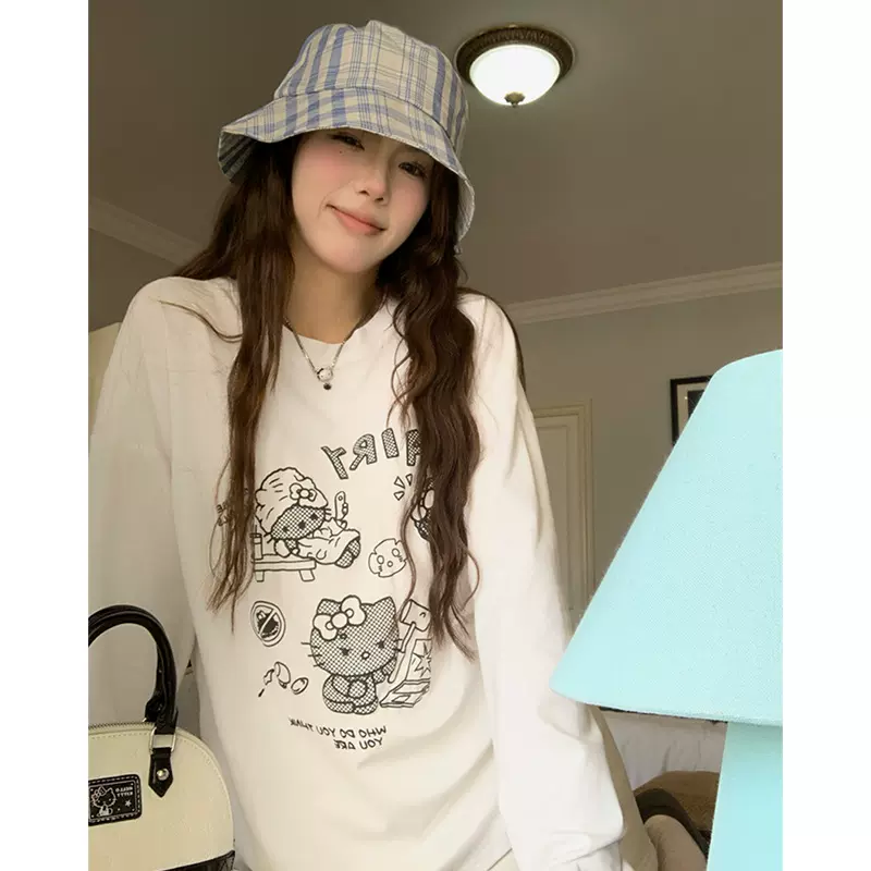 可爱甜美风Kitty猫圆领长袖T恤女秋冬磨毛德绒保暖慵懒风休闲上衣