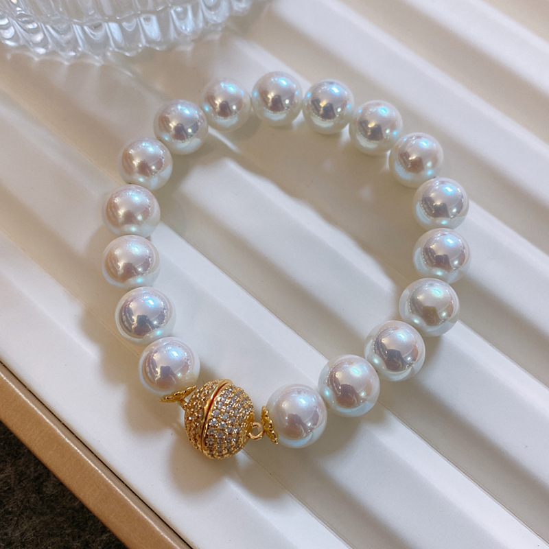 磁吸扣母貝珠粉彩珍珠手鍊不掉色女秋冬新中式手串小眾高級感手飾
