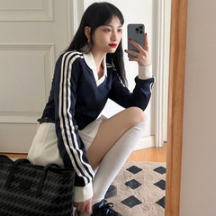 polo领卫衣女v领三条杠上衣春秋季薄款正肩长袖t恤藏青色显瘦穿搭