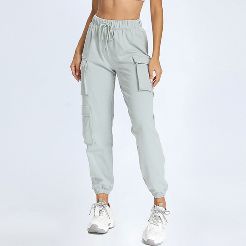 New solid color multi-function pocket jogging pants, Harlan overalls, elastic hem, sports and fitness pants