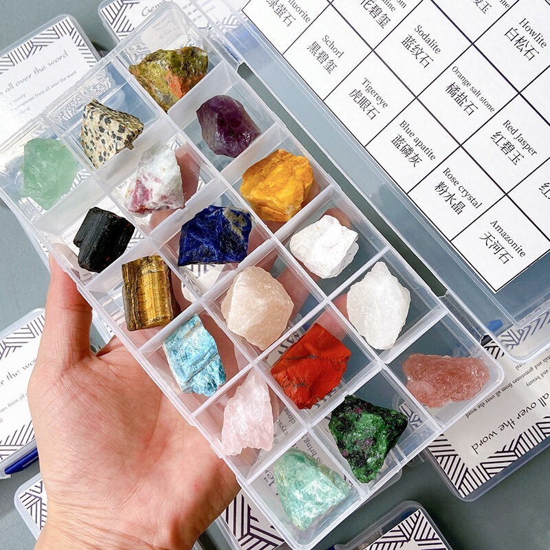 Natural Crystal Raw Stone Gravel Mineral Specimen Set Box Crystal Cubes Tumbled Stones Children's Science Education Gift Display Piece